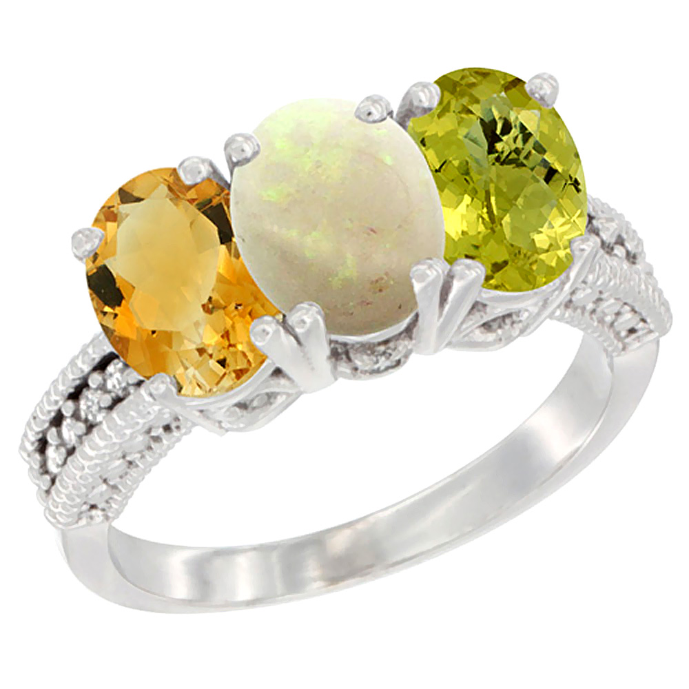 10K White Gold Natural Citrine, Opal &amp; Lemon Quartz Ring 3-Stone Oval 7x5 mm Diamond Accent, sizes 5 - 10