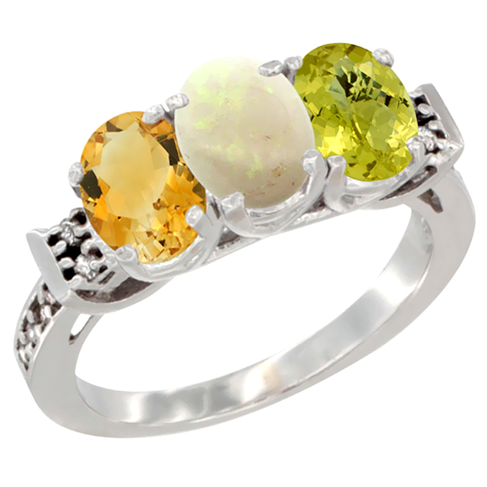 14K White Gold Natural Citrine, Opal &amp; Lemon Quartz Ring 3-Stone 7x5 mm Oval Diamond Accent, sizes 5 - 10