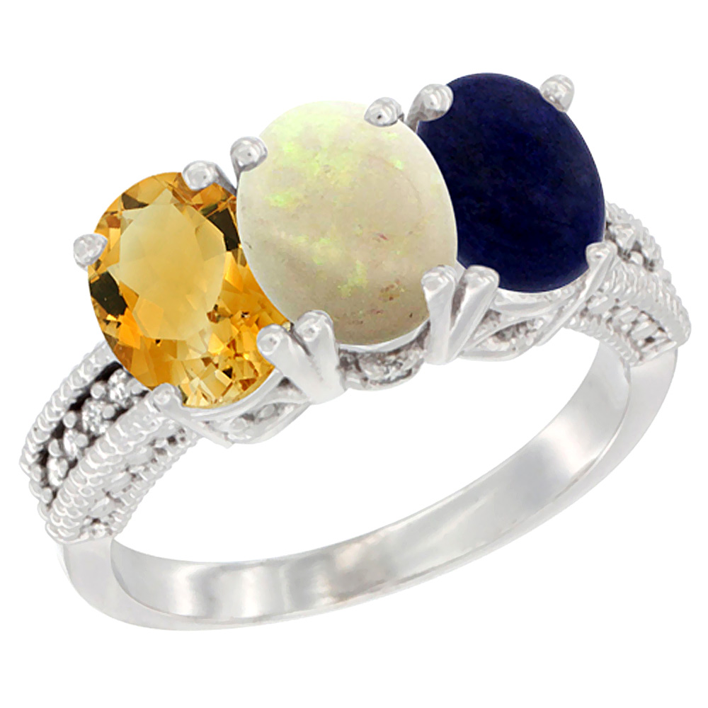 10K White Gold Natural Citrine, Opal & Lapis Ring 3-Stone Oval 7x5 mm Diamond Accent, sizes 5 - 10