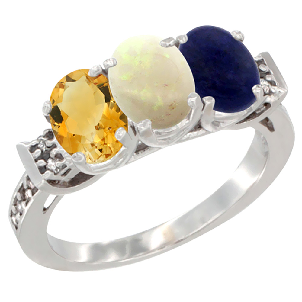 10K White Gold Natural Citrine, Opal &amp; Lapis Ring 3-Stone Oval 7x5 mm Diamond Accent, sizes 5 - 10