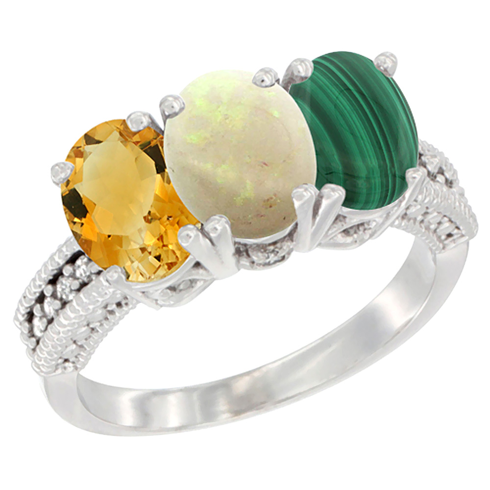 14K White Gold Natural Citrine, Opal & Malachite Ring 3-Stone 7x5 mm Oval Diamond Accent, sizes 5 - 10