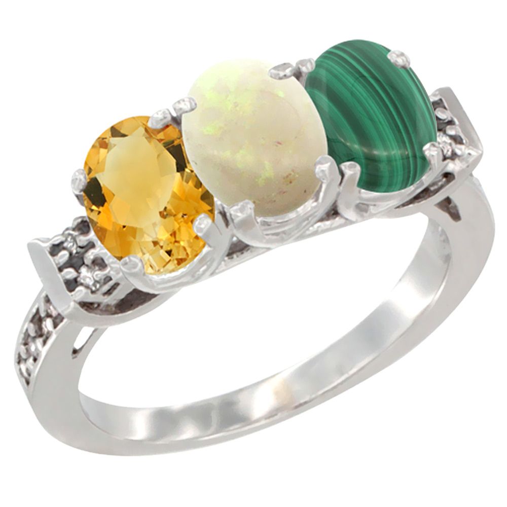 14K White Gold Natural Citrine, Opal &amp; Malachite Ring 3-Stone 7x5 mm Oval Diamond Accent, sizes 5 - 10