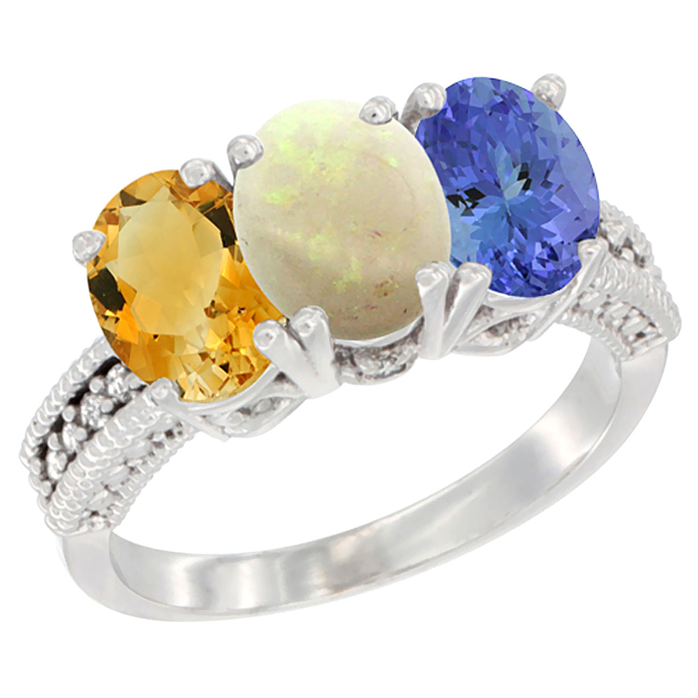 14K White Gold Natural Citrine, Opal & Tanzanite Ring 3-Stone 7x5 mm Oval Diamond Accent, sizes 5 - 10