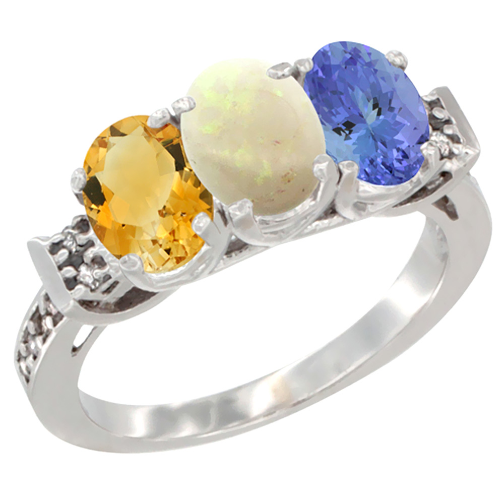 14K White Gold Natural Citrine, Opal &amp; Tanzanite Ring 3-Stone 7x5 mm Oval Diamond Accent, sizes 5 - 10