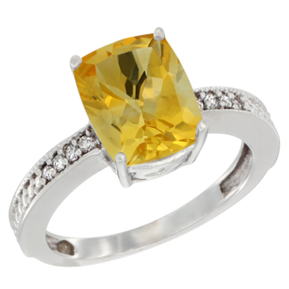 14K White Gold Diamond Cushion 10x8 mm Natural Citrine Stone Ring, sizes 5 - 10