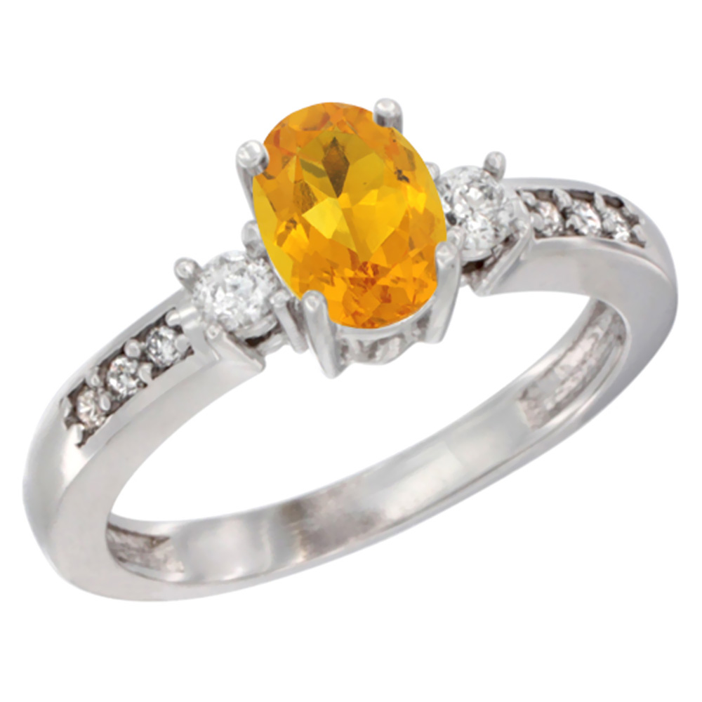 14K White Gold Diamond Natural Citrine Engagement Ring Oval 7x5 mm, sizes 5 - 10