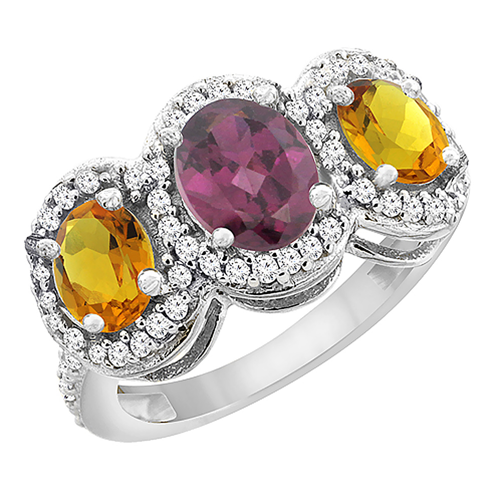 14K White Gold Natural Rhodolite & Citrine 3-Stone Ring Oval Diamond Accent, sizes 5 - 10