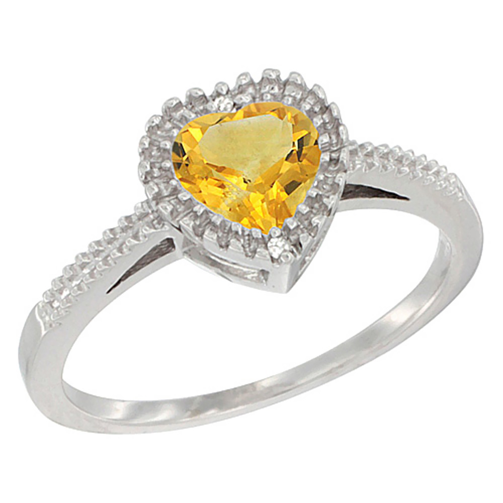 10K White Gold Natural Citrine Ring Heart 6x6 mm, sizes 5 - 10