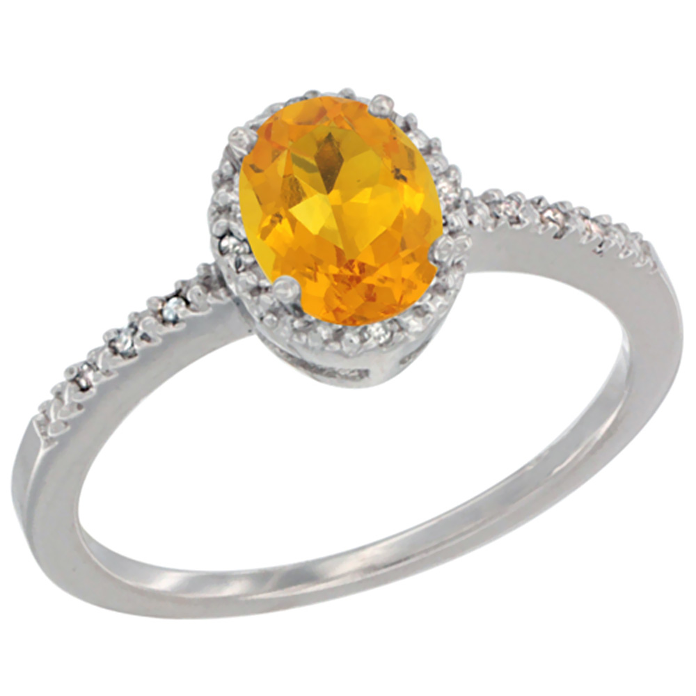 14K White Gold Diamond Natural Citrine Engagement Ring Oval 7x5 mm, sizes 5 - 10