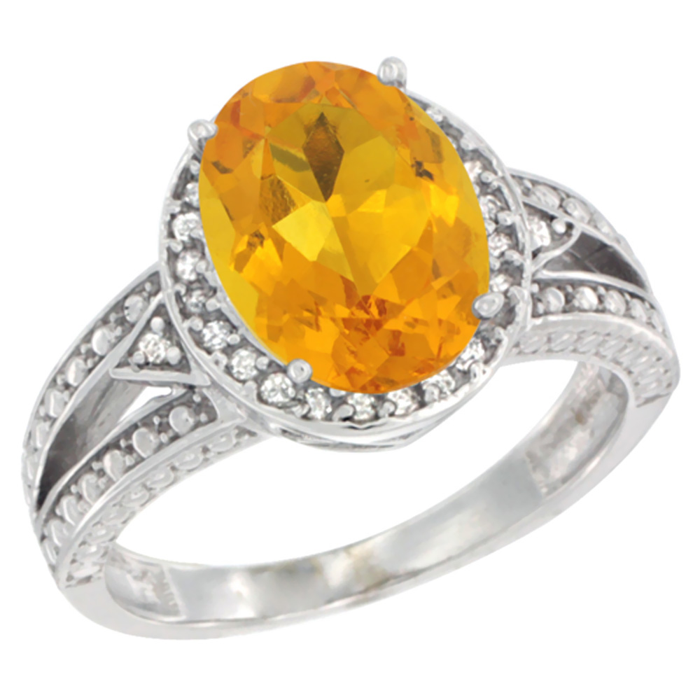 10k White Gold Natural Citrine Ring Oval 9x7 mm Diamond Halo, sizes 5 - 10