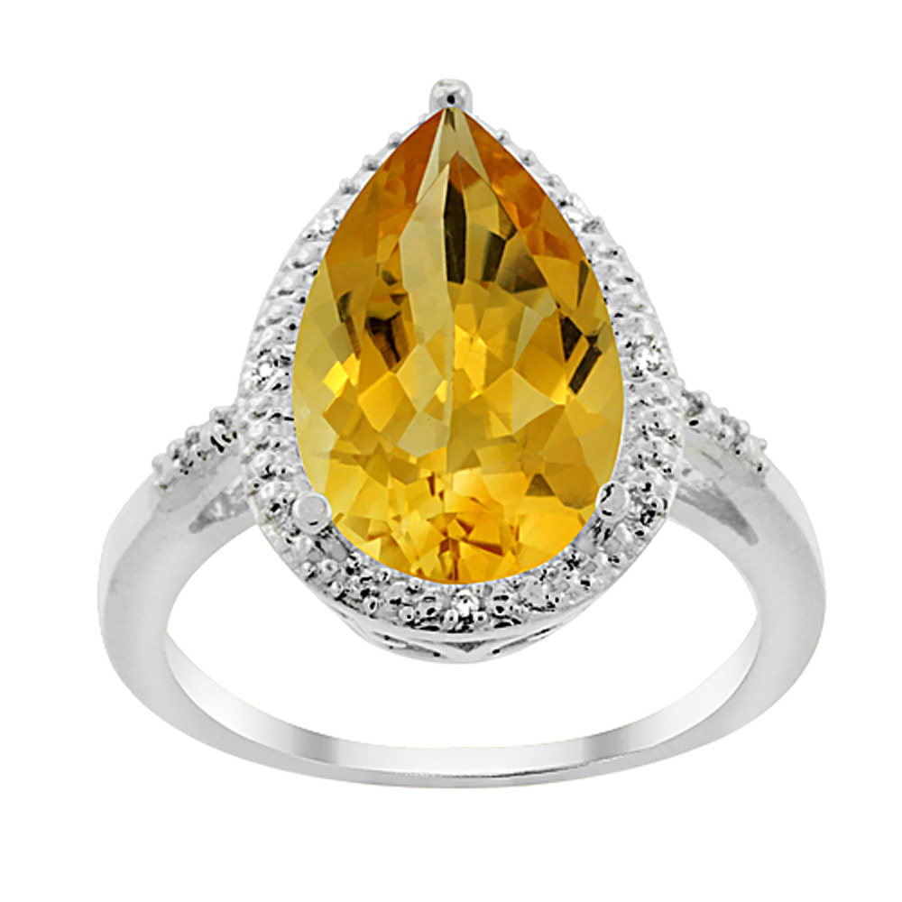 14K White Gold Natural Citrine Ring Pear Shape 10x15 mm Diamond Accent, sizes 5 - 10