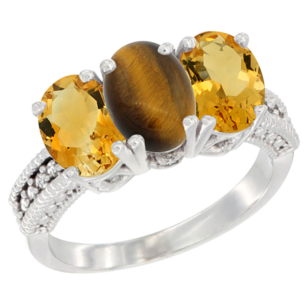 14K White Gold Natural Tiger Eye & Citrine Sides Ring 3-Stone 7x5 mm Oval Diamond Accent, sizes 5 - 10