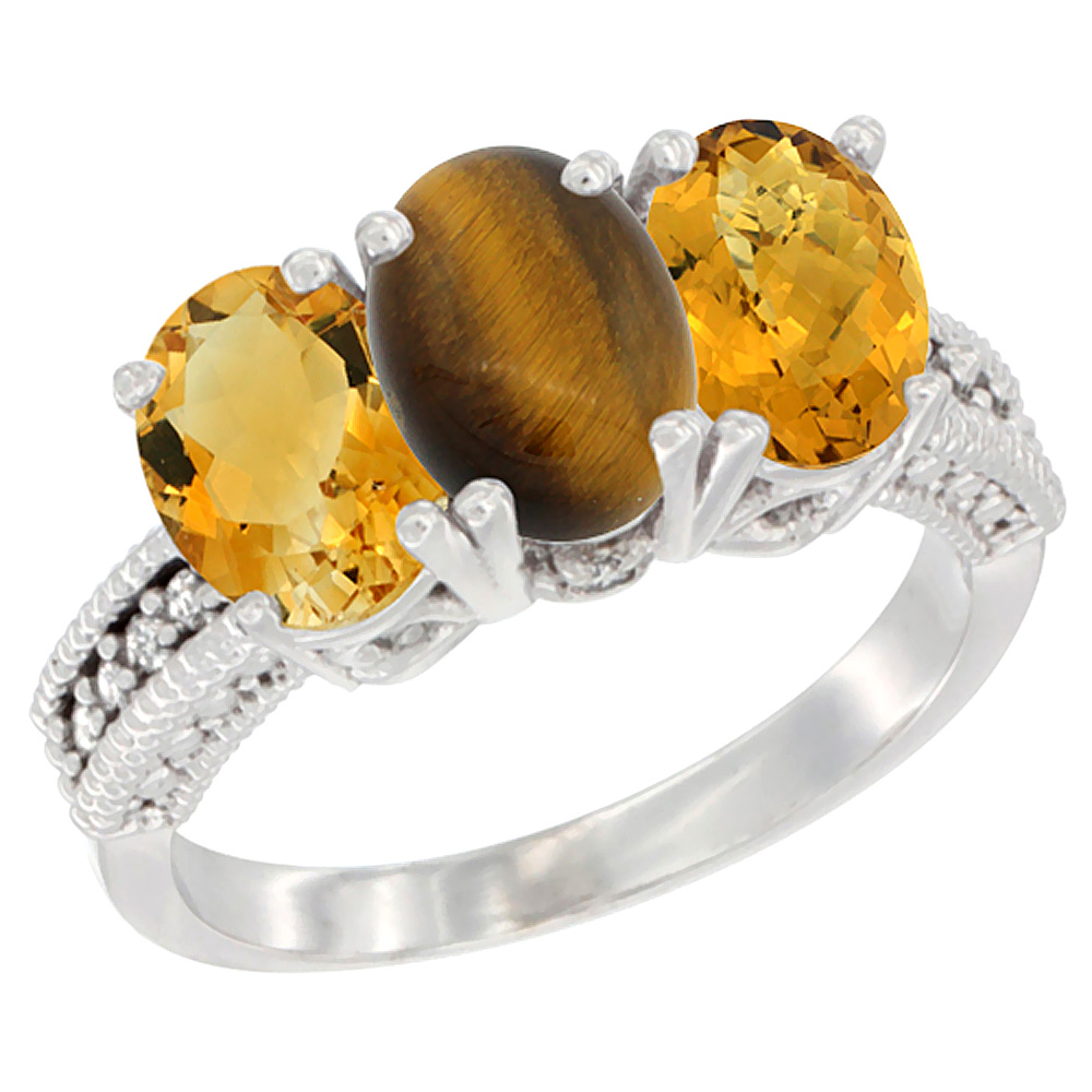 14K White Gold Natural Citrine, Tiger Eye & Whisky Quartz Ring 3-Stone 7x5 mm Oval Diamond Accent, sizes 5 - 10