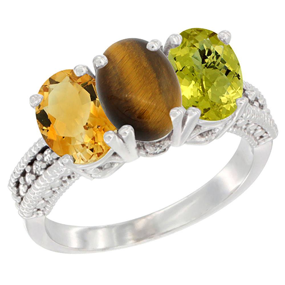 10K White Gold Natural Citrine, Tiger Eye & Lemon Quartz Ring 3-Stone Oval 7x5 mm Diamond Accent, sizes 5 - 10