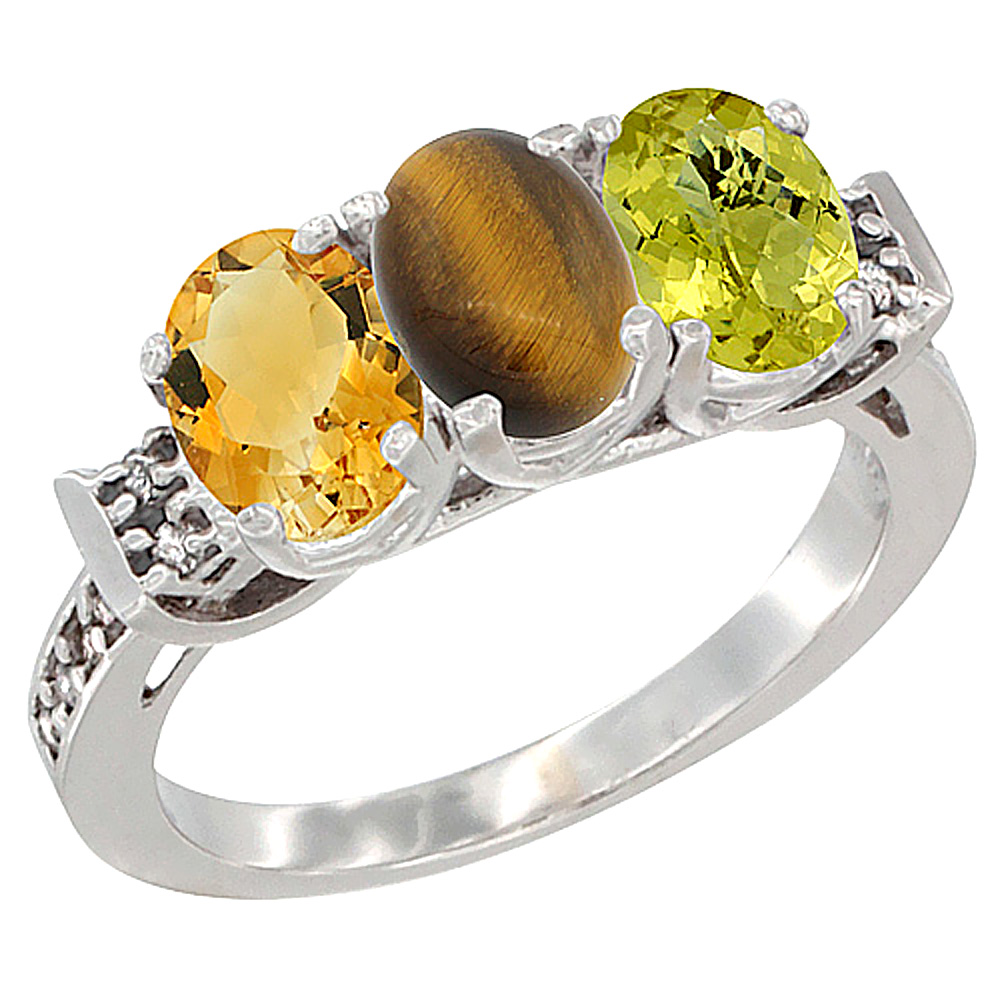 10K White Gold Natural Citrine, Tiger Eye & Lemon Quartz Ring 3-Stone Oval 7x5 mm Diamond Accent, sizes 5 - 10