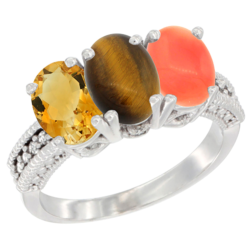 10K White Gold Natural Citrine, Tiger Eye & Coral Ring 3-Stone Oval 7x5 mm Diamond Accent, sizes 5 - 10