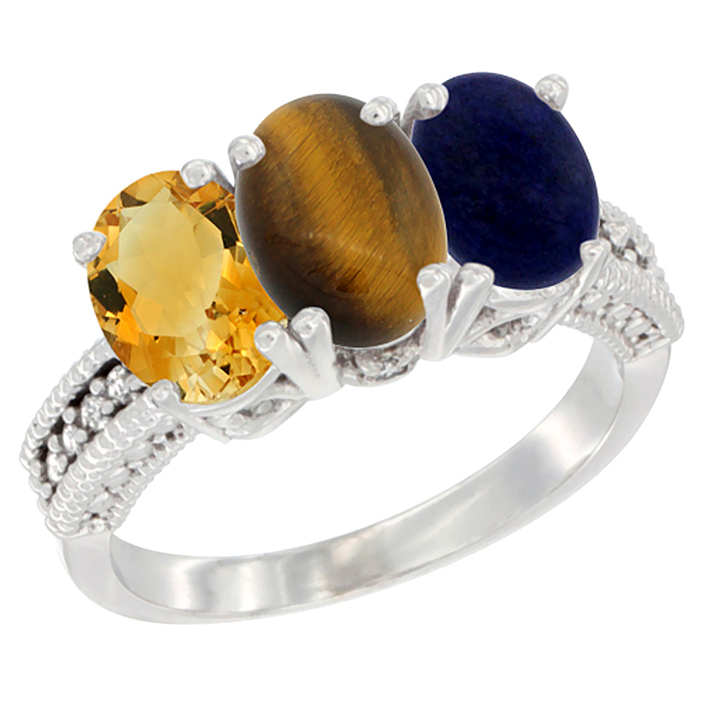 14K White Gold Natural Citrine, Tiger Eye & Lapis Ring 3-Stone 7x5 mm Oval Diamond Accent, sizes 5 - 10