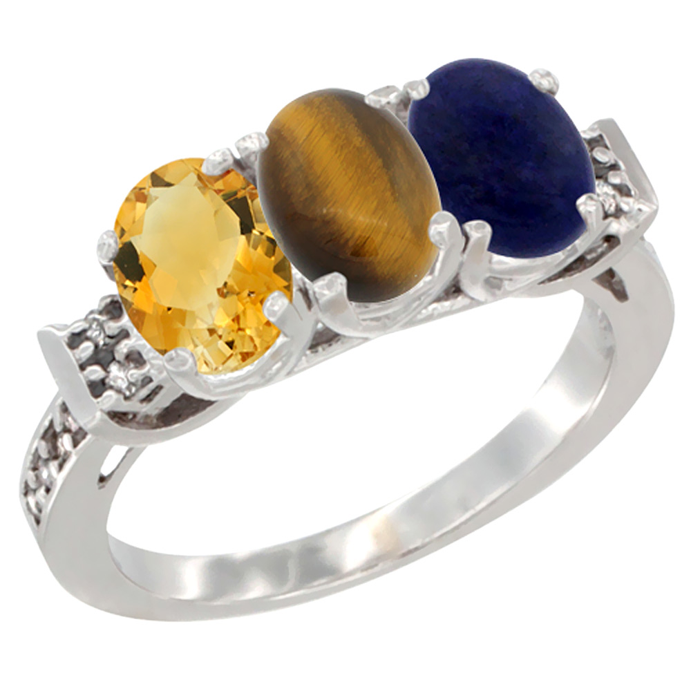 14K White Gold Natural Citrine, Tiger Eye &amp; Lapis Ring 3-Stone 7x5 mm Oval Diamond Accent, sizes 5 - 10