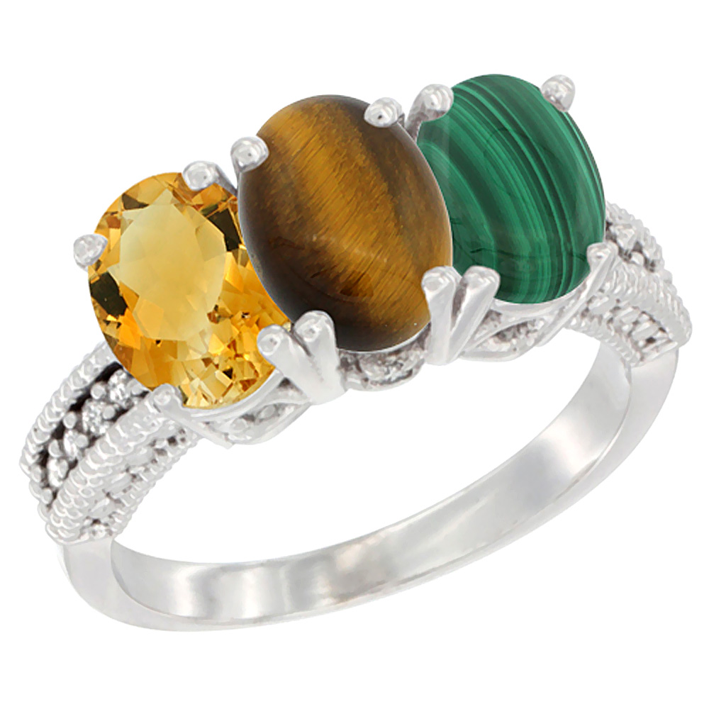 10K White Gold Natural Citrine, Tiger Eye & Malachite Ring 3-Stone Oval 7x5 mm Diamond Accent, sizes 5 - 10