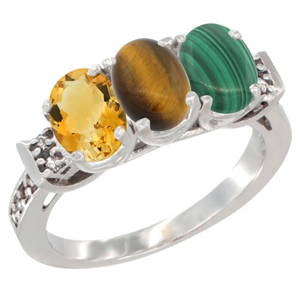 14K White Gold Natural Citrine, Tiger Eye & Malachite Ring 3-Stone 7x5 mm Oval Diamond Accent, sizes 5 - 10