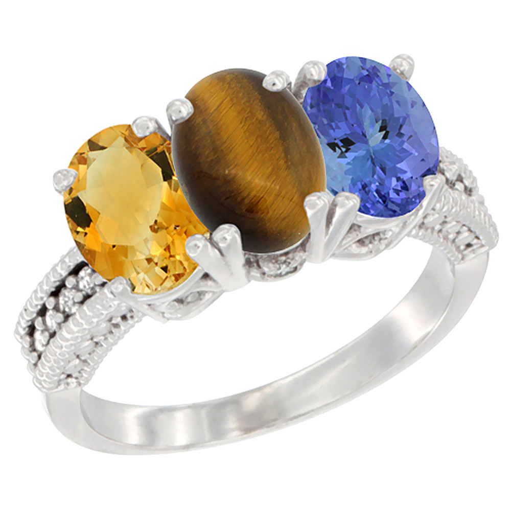 14K White Gold Natural Citrine, Tiger Eye & Tanzanite Ring 3-Stone 7x5 mm Oval Diamond Accent, sizes 5 - 10