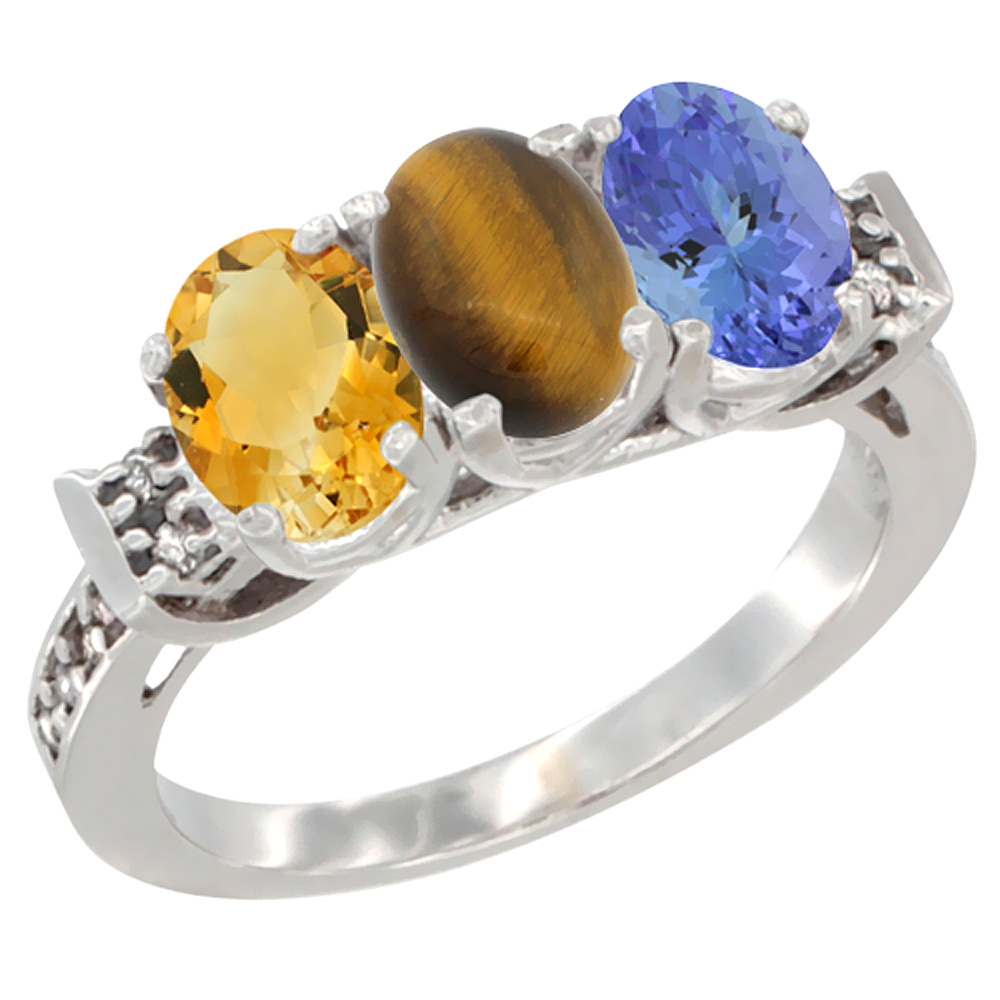 14K White Gold Natural Citrine, Tiger Eye & Tanzanite Ring 3-Stone 7x5 mm Oval Diamond Accent, sizes 5 - 10