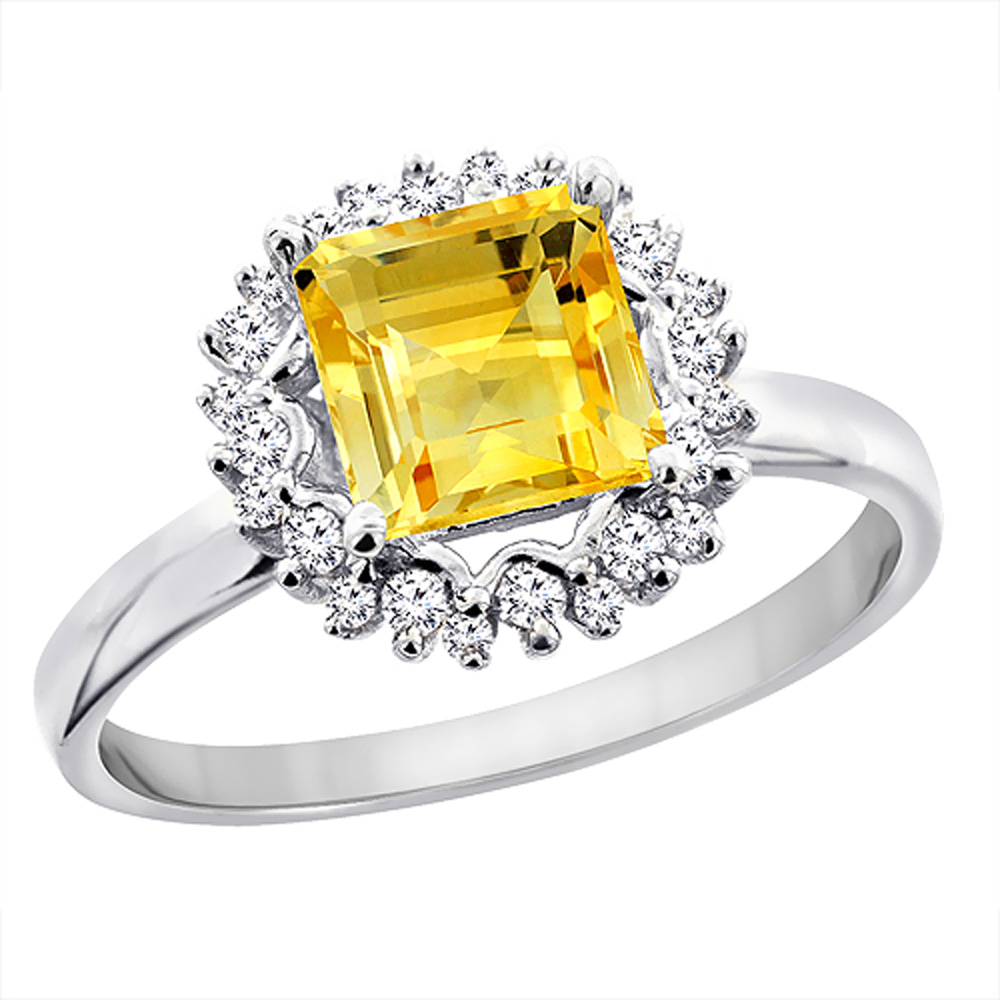 14K White Gold Natural Citrine Ring Square 6x6 mm Diamond Accents, sizes 5 - 10