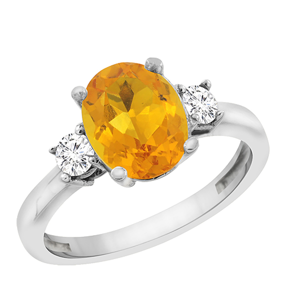 14K White Gold Natural Citrine Engagement Ring Oval 10x8 mm Diamond Sides, sizes 5 - 10