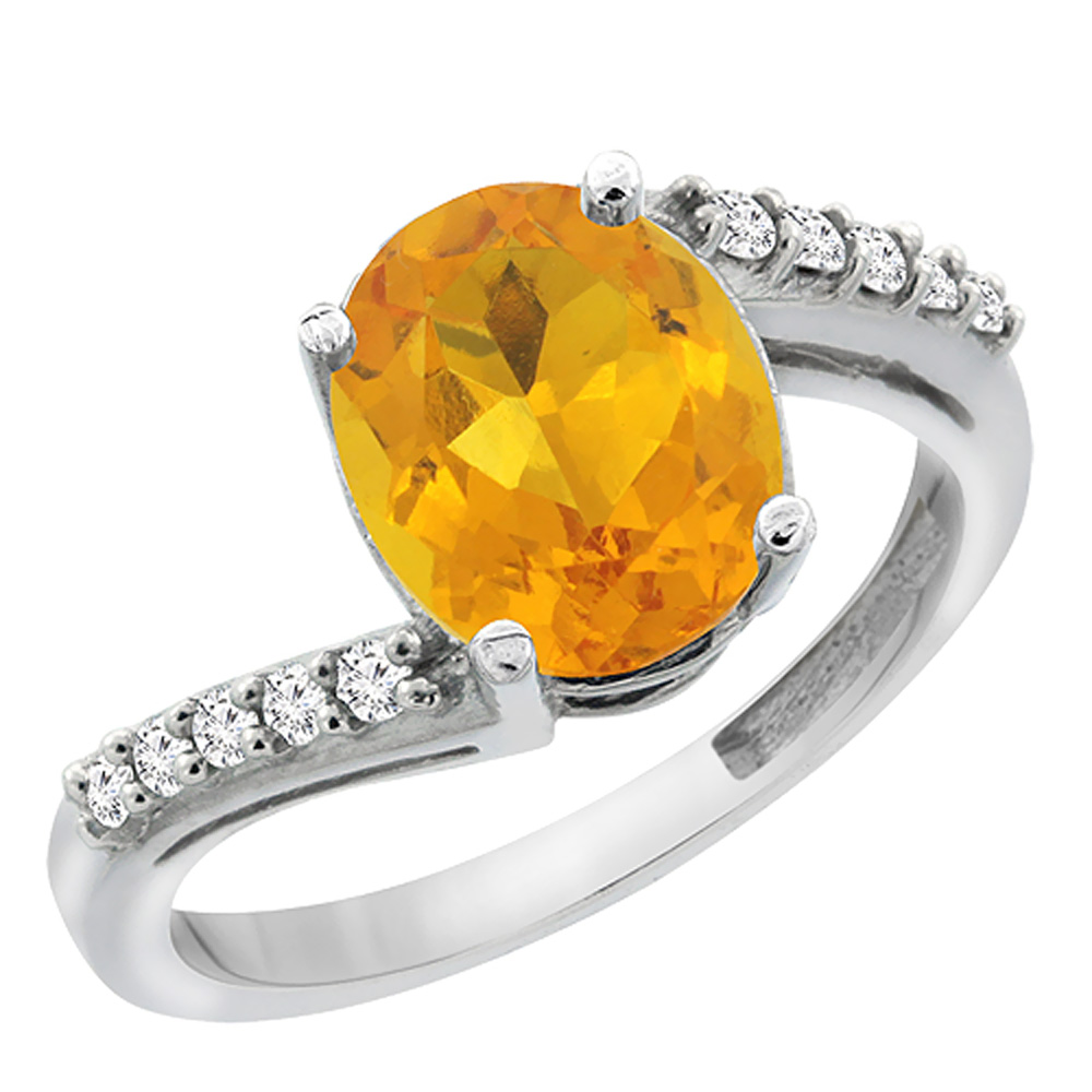 14K White Gold Diamond Natural Citrine Engagement Ring Oval 10x8mm, sizes 5-10