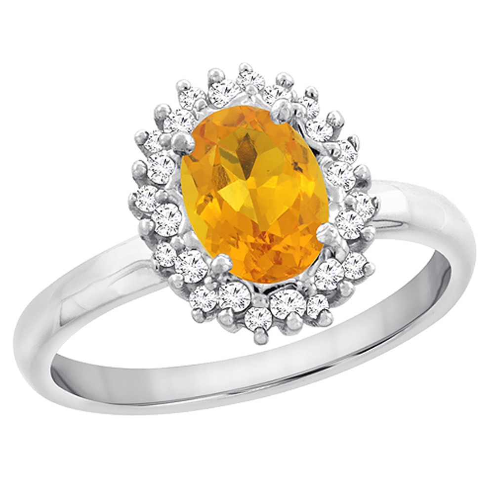 10K White Gold Diamond Natural Citrine Engagement Ring Oval 7x5mm, sizes 5 - 10