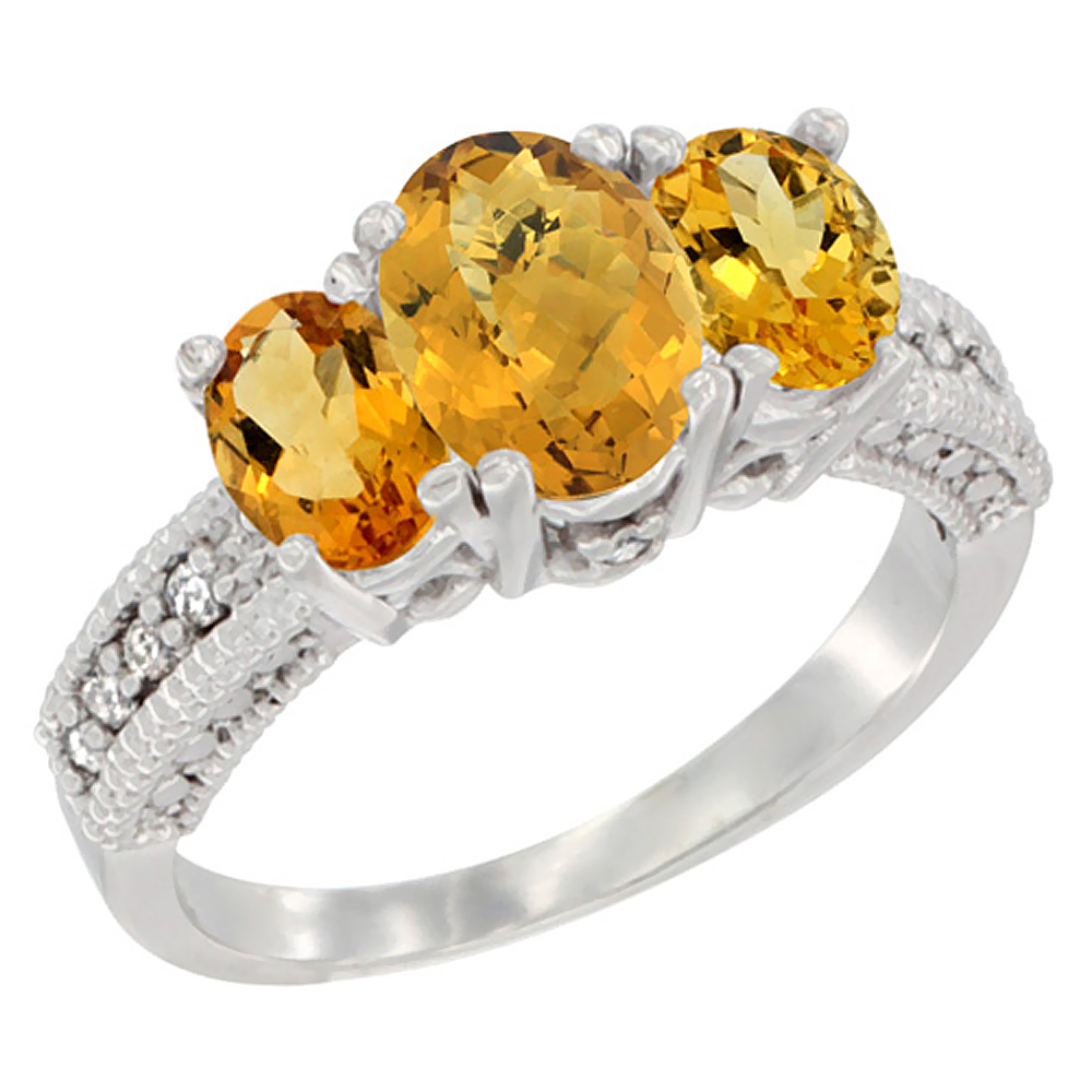 10K White Gold Diamond Natural Whisky Quartz Ring Oval 3-stone with Citrine, sizes 5 - 10