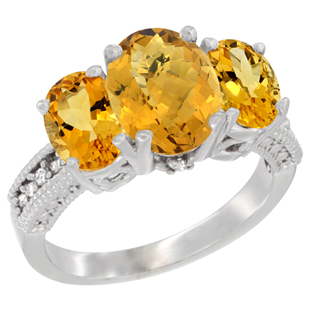 14K White Gold Diamond Natural Whisky Quartz Ring 3-Stone Oval 8x6mm with Citrine, sizes5-10