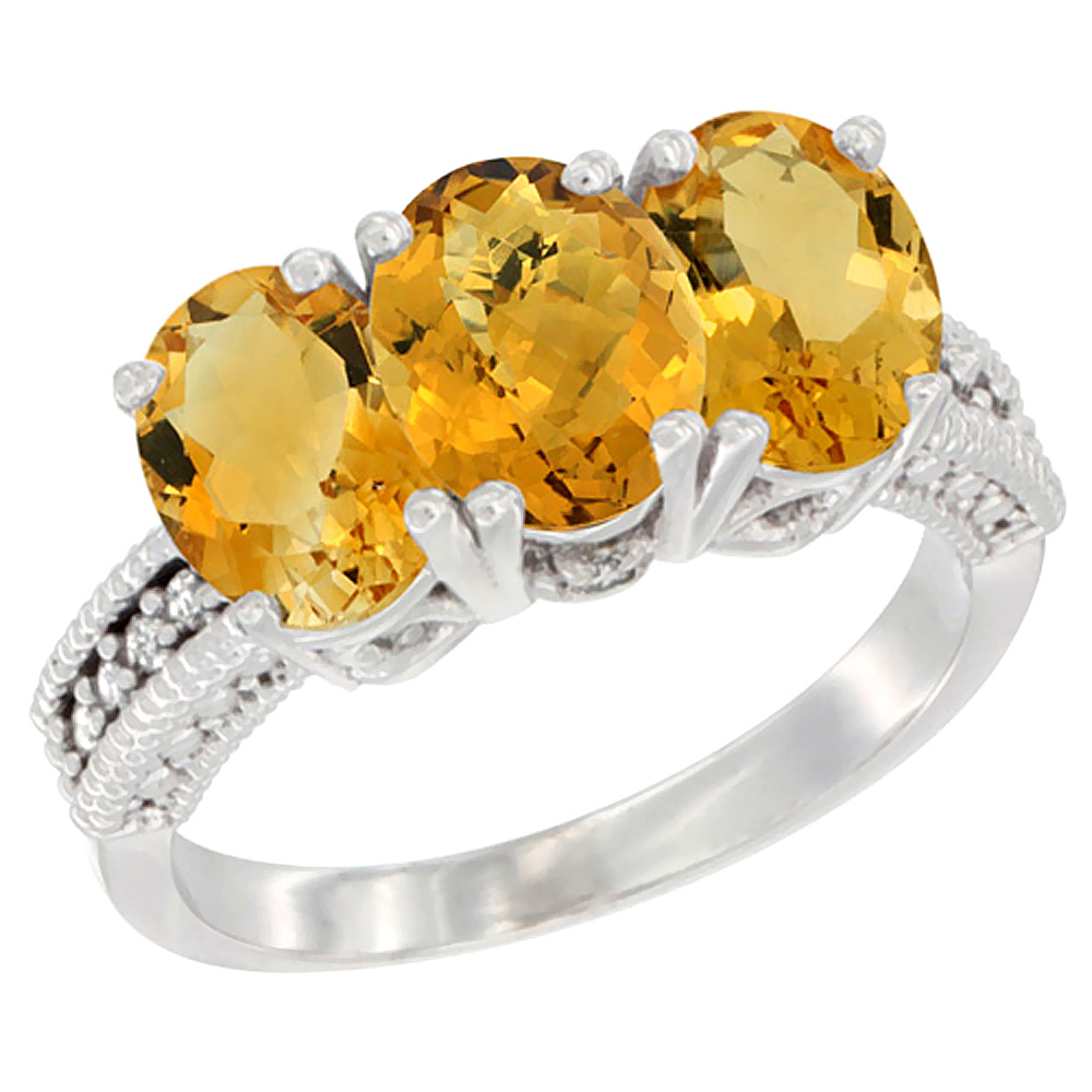 14K White Gold Natural Whisky Quartz &amp; Citrine Sides Ring 3-Stone 7x5 mm Oval Diamond Accent, sizes 5 - 10