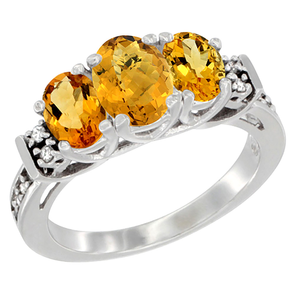 14K White Gold Natural Whisky Quartz & Citrine Ring 3-Stone Oval Diamond Accent, sizes 5-10