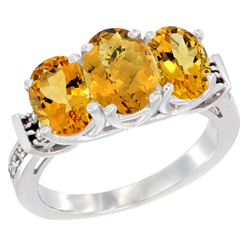 10K White Gold Natural Whisky Quartz & Citrine Sides Ring 3-Stone Oval Diamond Accent, sizes 5 - 10