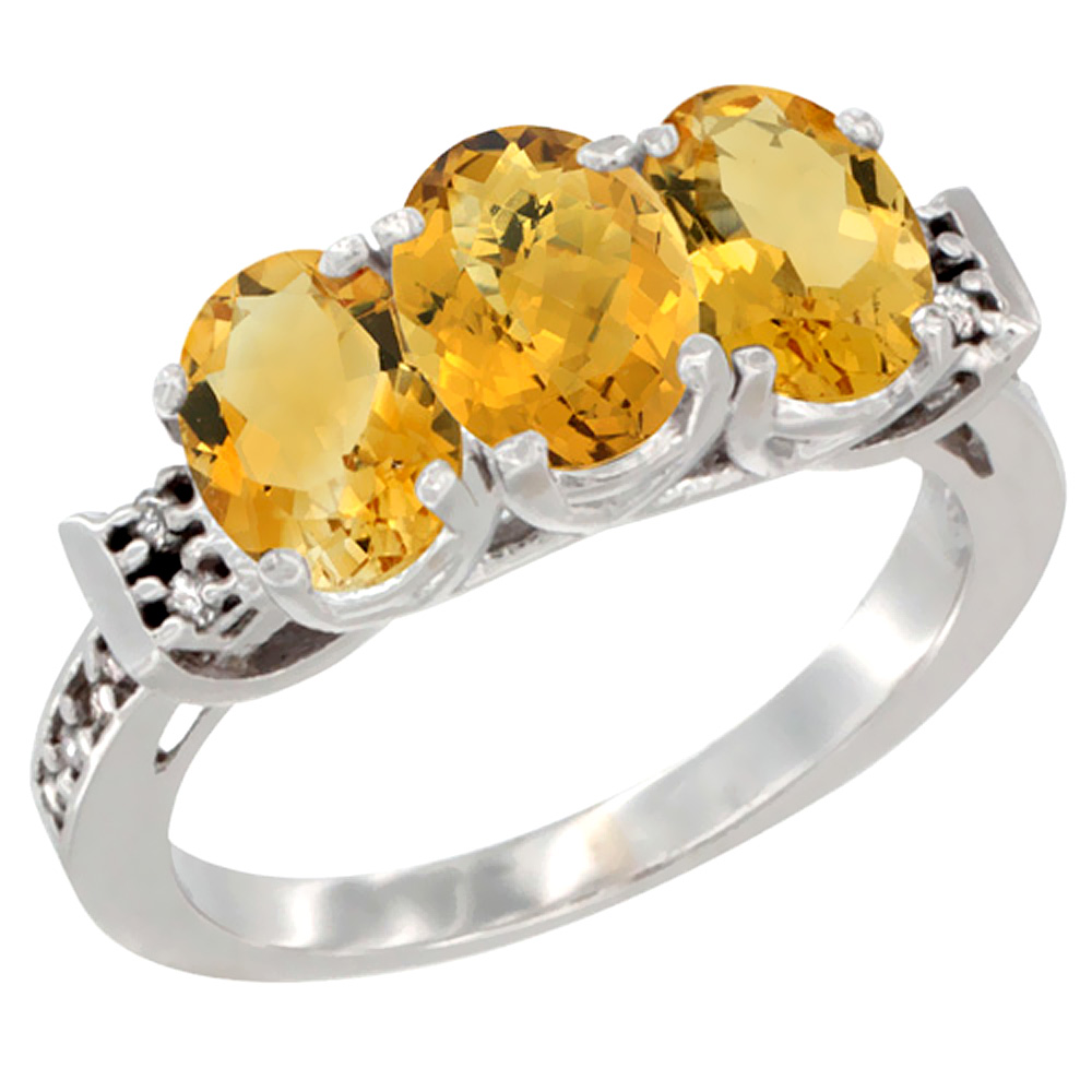 14K White Gold Natural Whisky Quartz & Citrine Sides Ring 3-Stone 7x5 mm Oval Diamond Accent, sizes 5 - 10