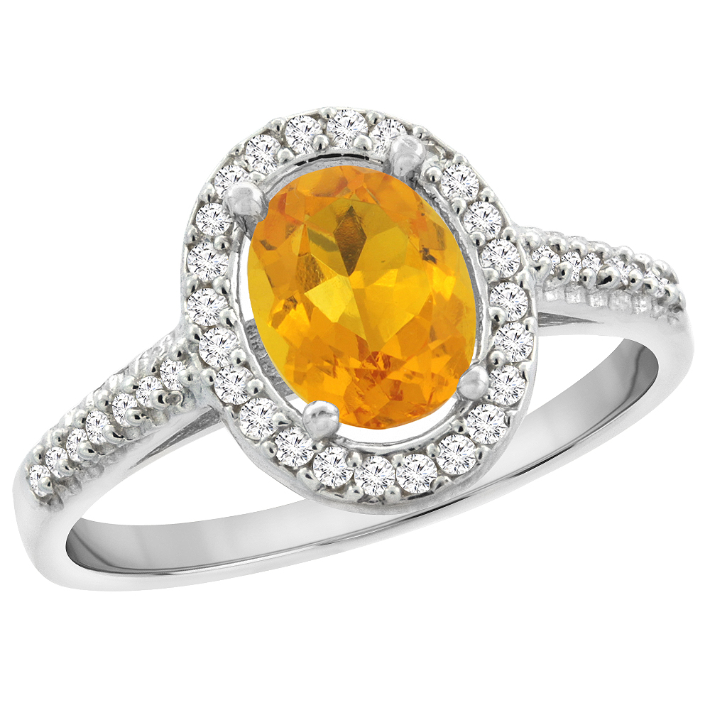 10K White Gold Natural Citrine Engagement Ring Oval 7x5 mm Diamond Halo, sizes 5 - 10