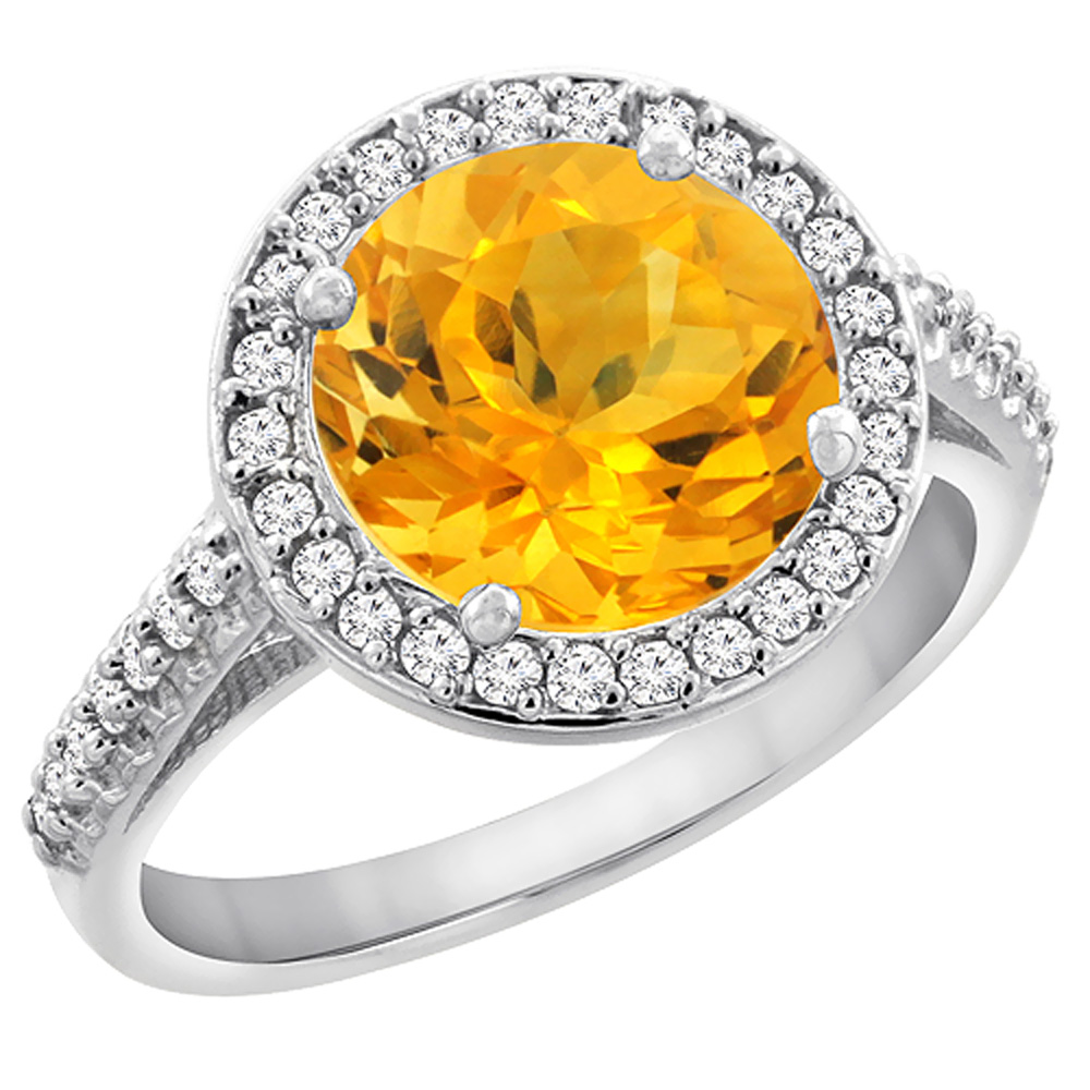 14K White Gold Natural Citrine Ring Round 8mm Diamond Halo, sizes 5 to 10