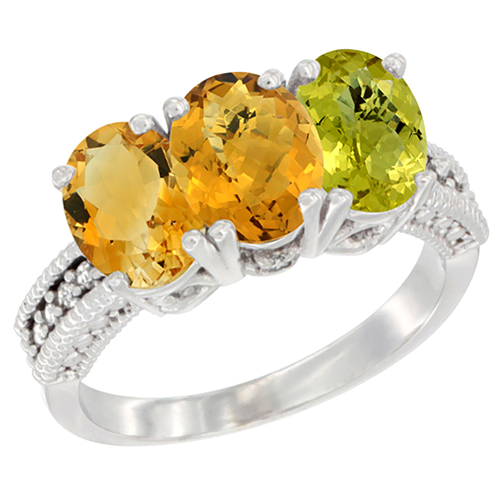 14K White Gold Natural Citrine, Whisky Quartz & Lemon Quartz Ring 3-Stone 7x5 mm Oval Diamond Accent, sizes 5 - 10