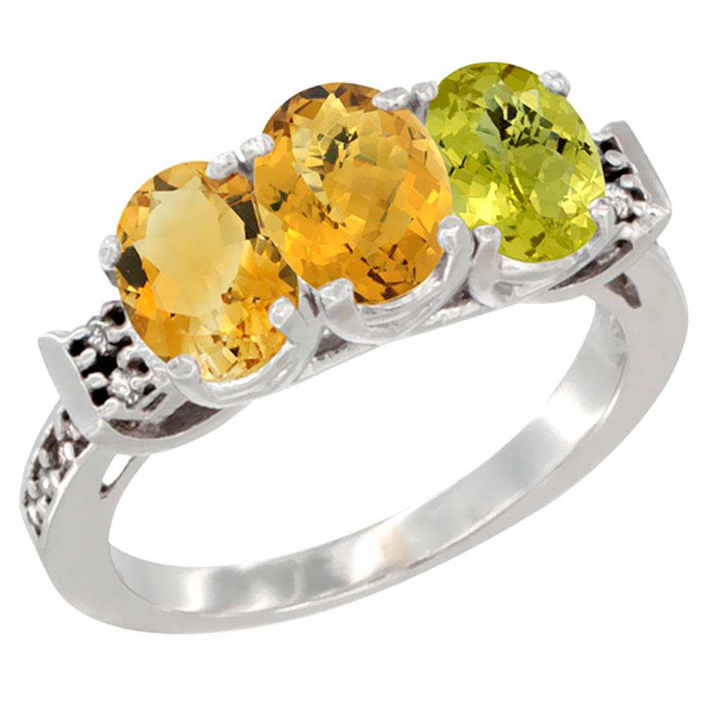 14K White Gold Natural Citrine, Whisky Quartz & Lemon Quartz Ring 3-Stone 7x5 mm Oval Diamond Accent, sizes 5 - 10