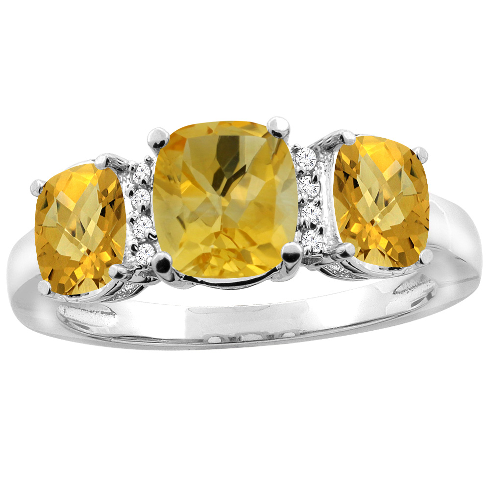 14K White Gold Natural Citrine &amp; Whisky Quartz 3-stone Ring Cushion 8x6mm Diamond Accent, sizes 5 - 10