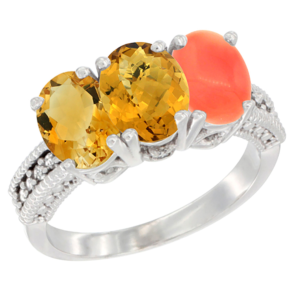 14K White Gold Natural Citrine, Whisky Quartz &amp; Coral Ring 3-Stone 7x5 mm Oval Diamond Accent, sizes 5 - 10