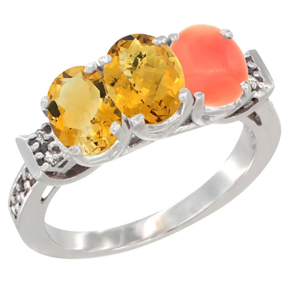 14K White Gold Natural Citrine, Whisky Quartz &amp; Coral Ring 3-Stone 7x5 mm Oval Diamond Accent, sizes 5 - 10