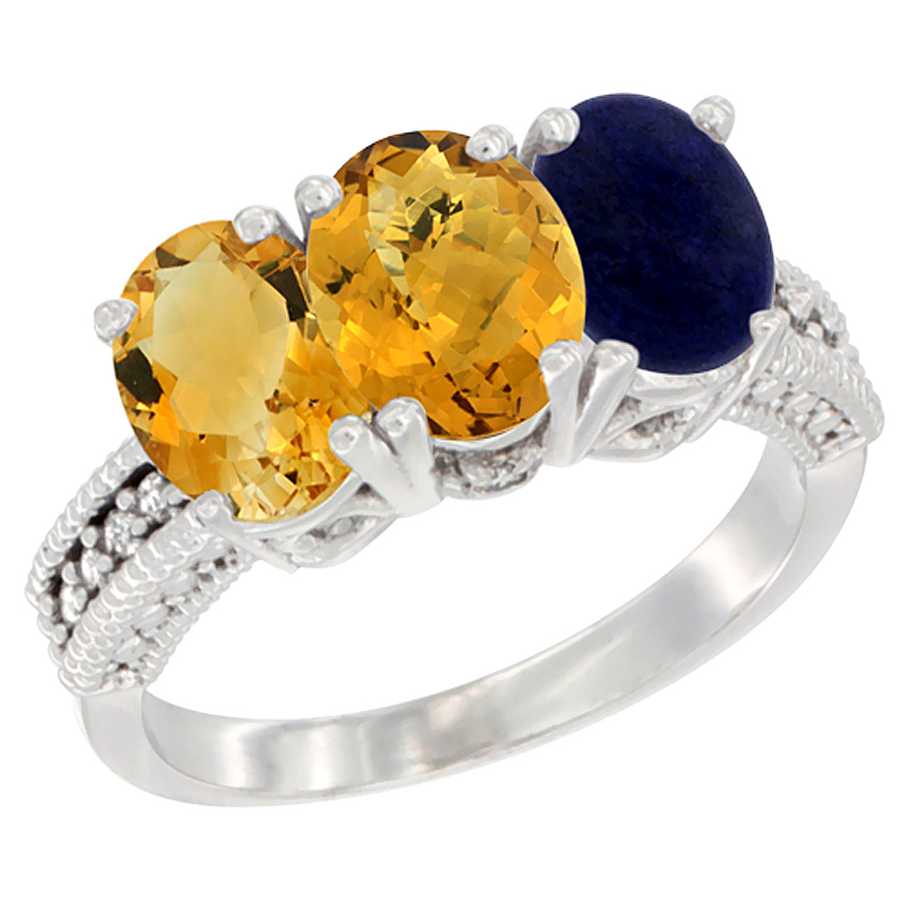 14K White Gold Natural Citrine, Whisky Quartz &amp; Lapis Ring 3-Stone 7x5 mm Oval Diamond Accent, sizes 5 - 10