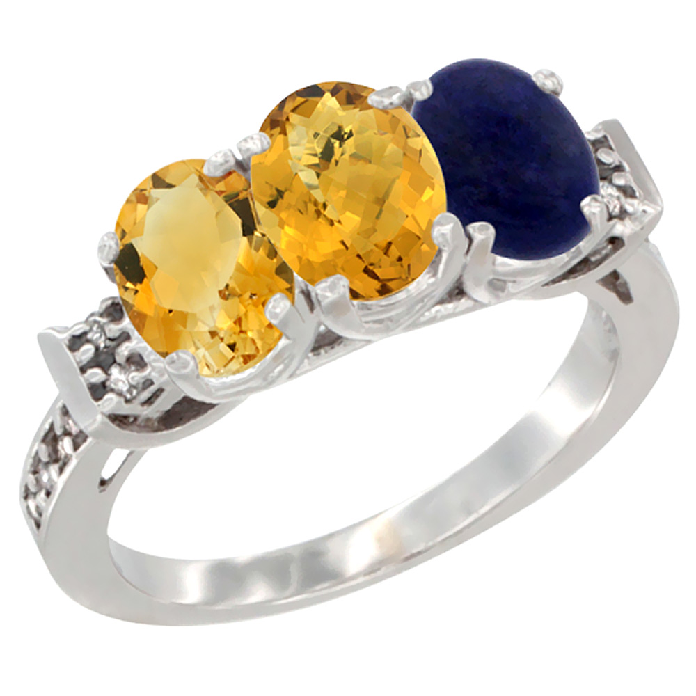 14K White Gold Natural Citrine, Whisky Quartz & Lapis Ring 3-Stone 7x5 mm Oval Diamond Accent, sizes 5 - 10