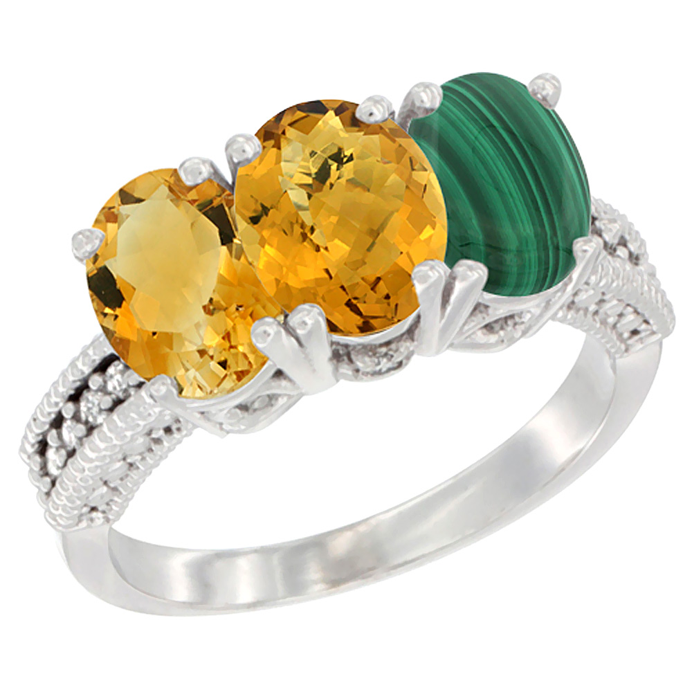 14K White Gold Natural Citrine, Whisky Quartz & Malachite Ring 3-Stone 7x5 mm Oval Diamond Accent, sizes 5 - 10