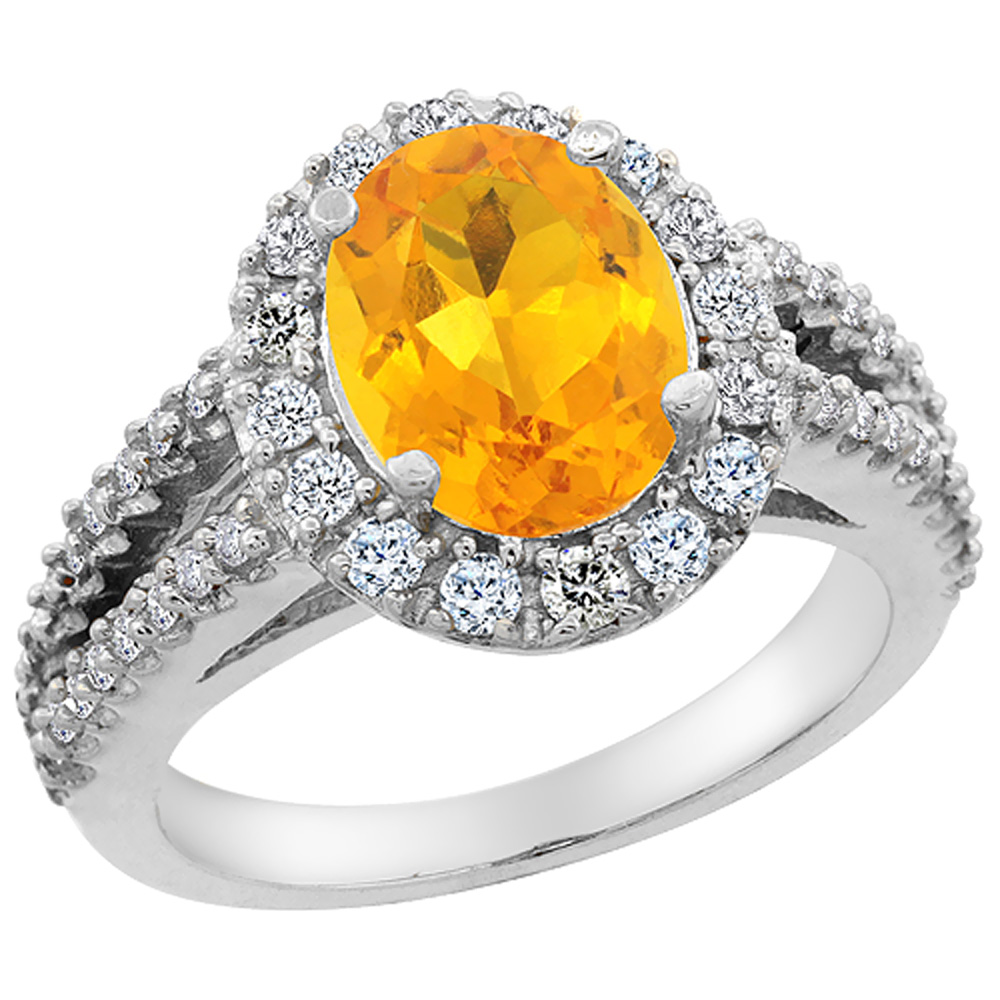 14K White Gold Diamond Natural Citrine Engagement Ring Oval 10x8mm, sizes 5-10