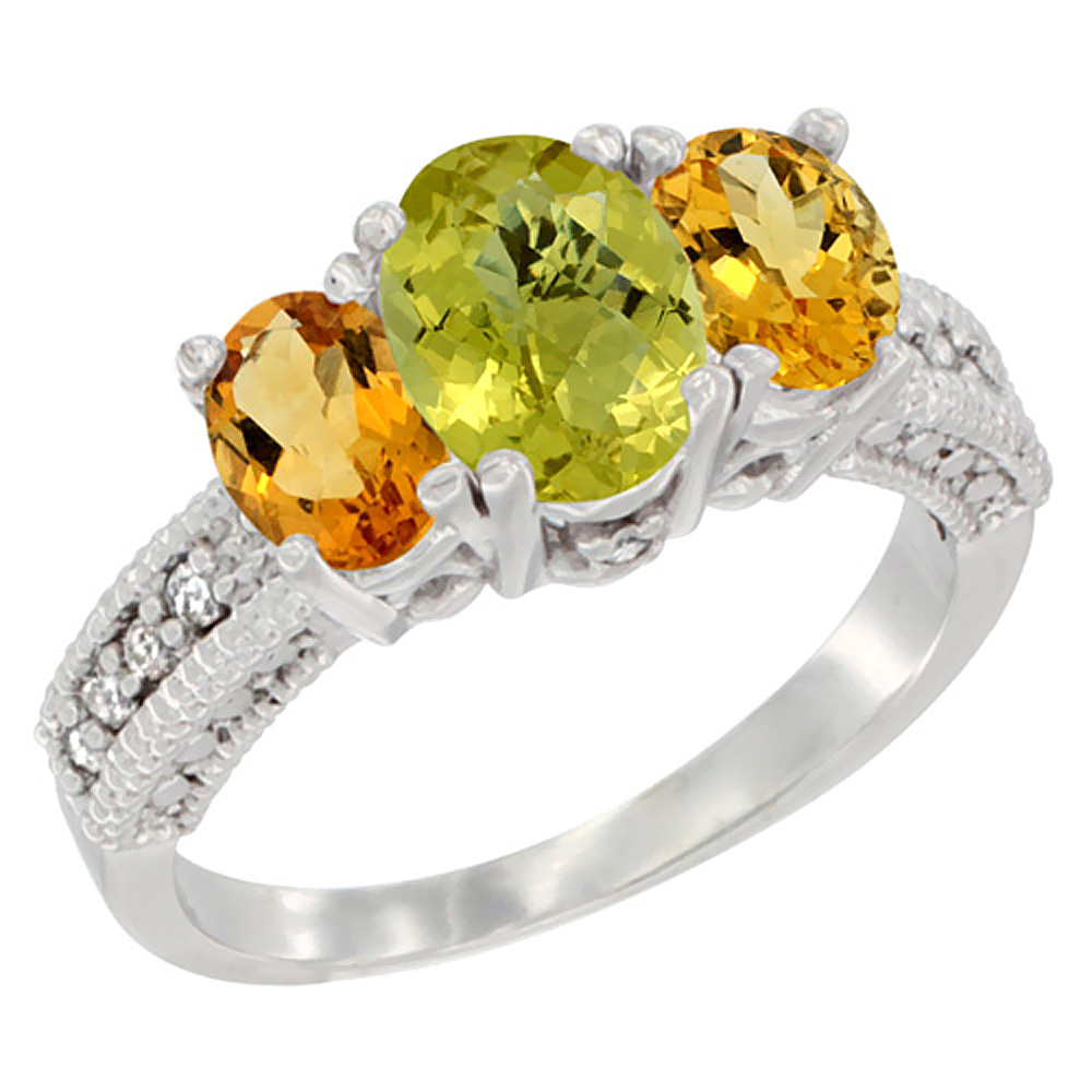 10K White Gold Diamond Natural Lemon Quartz Ring Oval 3-stone with Citrine, sizes 5 - 10