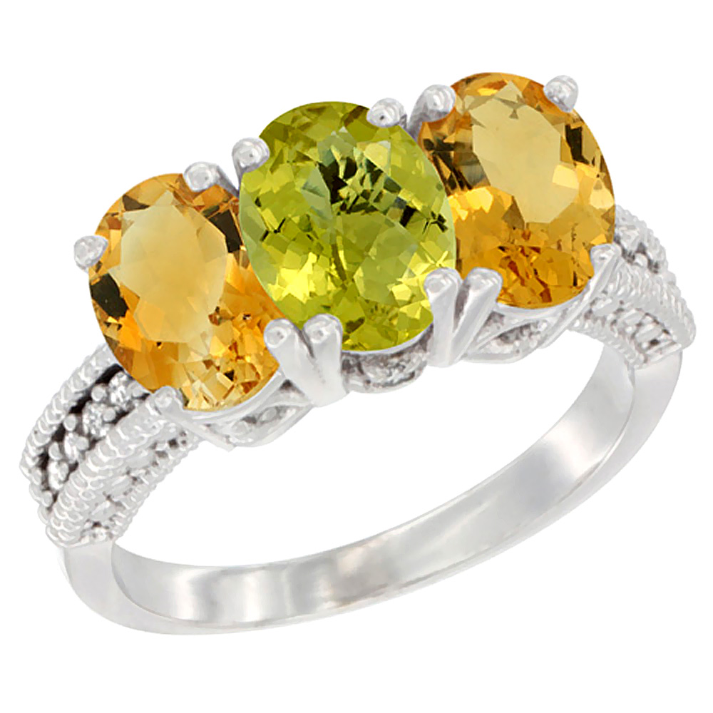 14K White Gold Natural Lemon Quartz & Citrine Sides Ring 3-Stone 7x5 mm Oval Diamond Accent, sizes 5 - 10