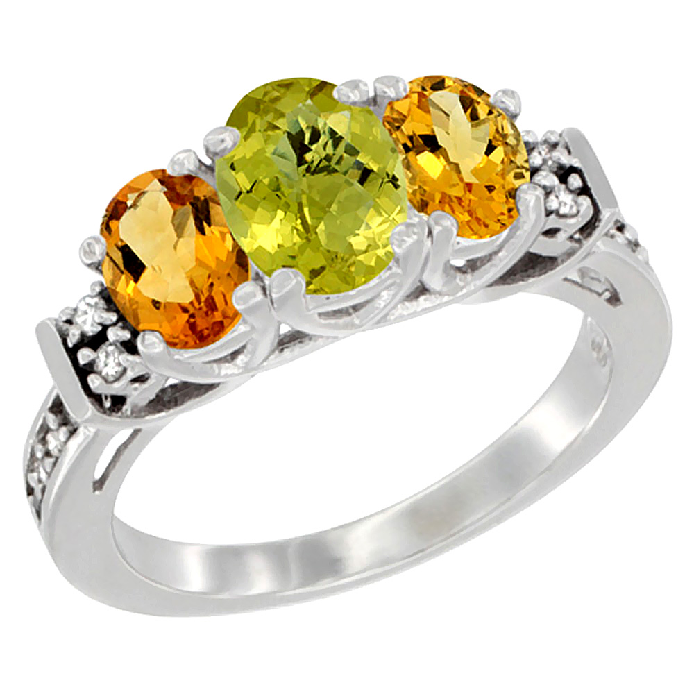 14K White Gold Natural Lemon Quartz &amp; Citrine Ring 3-Stone Oval Diamond Accent, sizes 5-10